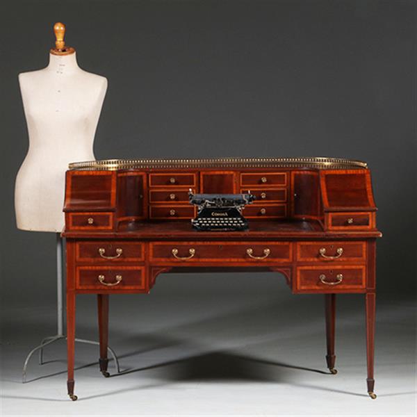 Grote foto carlton house desk maple co in mahonie met bronzen railing en doorleefd antiek leer no.412035 antiek en kunst overige in antiek gebruiksvoorwerpen