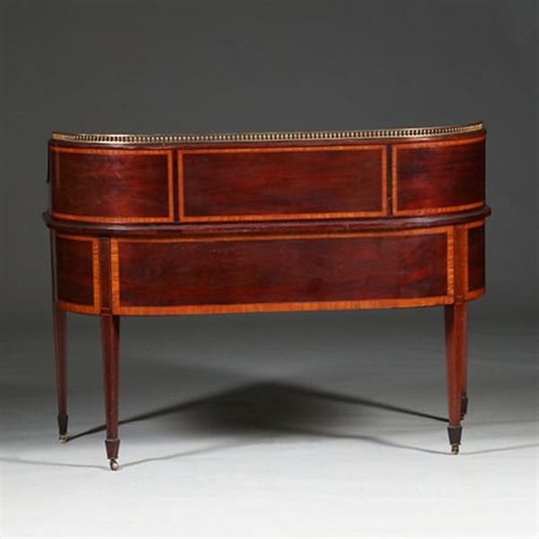Grote foto carlton house desk maple co in mahonie met bronzen railing en doorleefd antiek leer no.412035 antiek en kunst overige in antiek gebruiksvoorwerpen