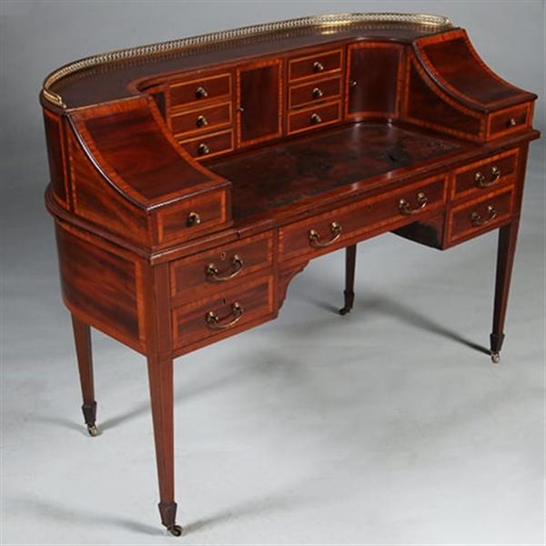 Grote foto carlton house desk maple co in mahonie met bronzen railing en doorleefd antiek leer no.412035 antiek en kunst overige in antiek gebruiksvoorwerpen