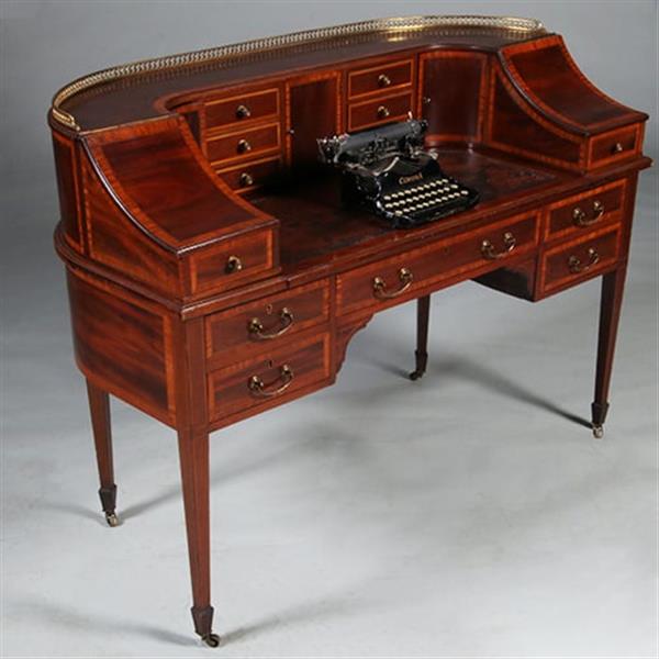 Grote foto carlton house desk maple co in mahonie met bronzen railing en doorleefd antiek leer no.412035 antiek en kunst overige in antiek gebruiksvoorwerpen