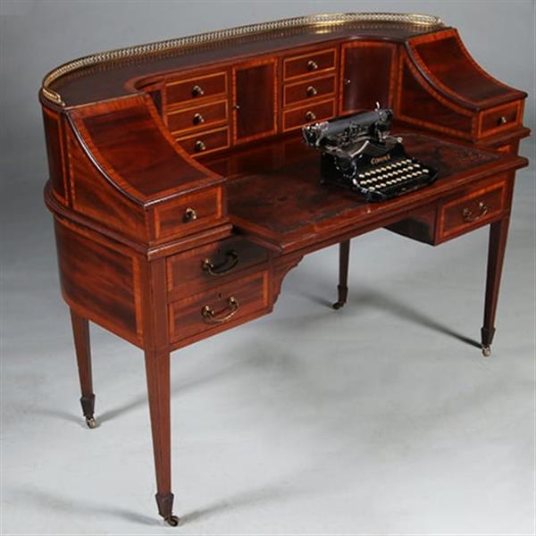 Grote foto carlton house desk maple co in mahonie met bronzen railing en doorleefd antiek leer no.412035 antiek en kunst overige in antiek gebruiksvoorwerpen
