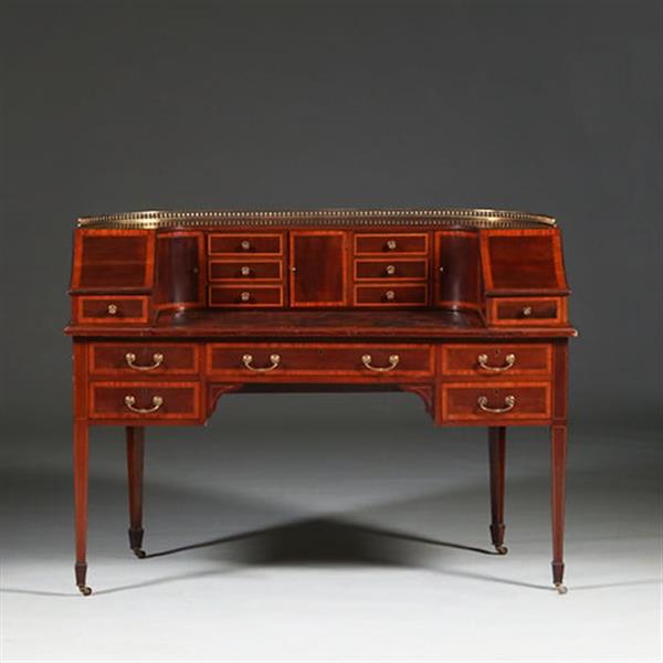 Grote foto carlton house desk maple co in mahonie met bronzen railing en doorleefd antiek leer no.412035 antiek en kunst overige in antiek gebruiksvoorwerpen
