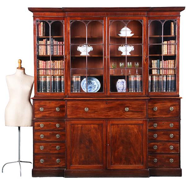 Grote foto engels georgian break front bibliotheekkast ca 1810 in mahonie met uittrekbaar bureau no.422405 antiek en kunst overige in antiek gebruiksvoorwerpen