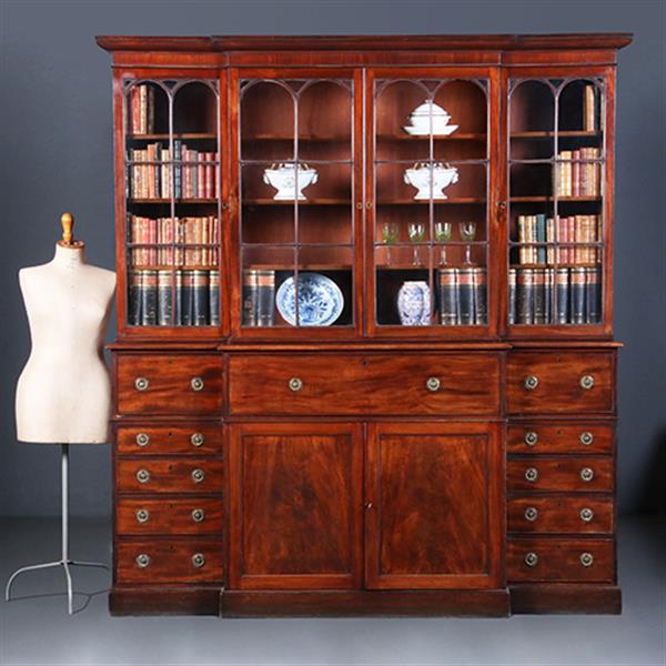 Grote foto engels georgian break front bibliotheekkast ca 1810 in mahonie met uittrekbaar bureau no.422405 antiek en kunst overige in antiek gebruiksvoorwerpen