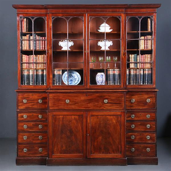 Grote foto engels georgian break front bibliotheekkast ca 1810 in mahonie met uittrekbaar bureau no.422405 antiek en kunst overige in antiek gebruiksvoorwerpen