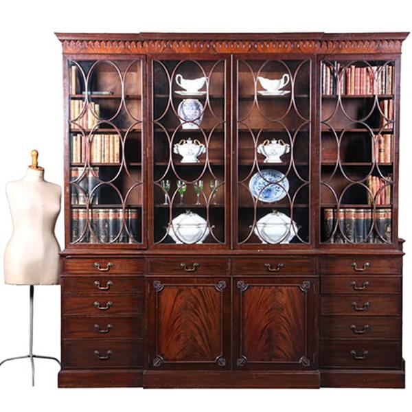 Grote foto grote break front bibliotheekkast met 6 deuren en 12 laden ca 1900 no.422410 antiek en kunst stoelen en banken