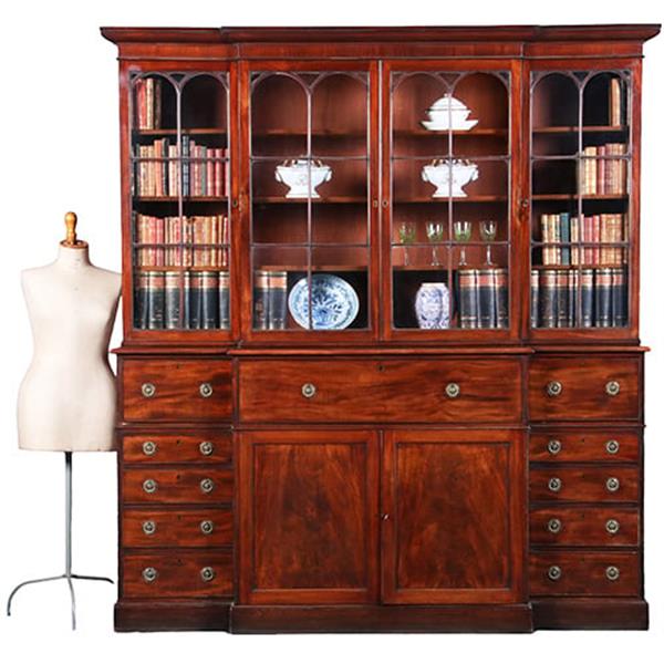 Grote foto engels georgian break front bibliotheekkast ca 1810 in mahonie met uittrekbaar bureau no.422405 antiek en kunst overige in antiek gebruiksvoorwerpen