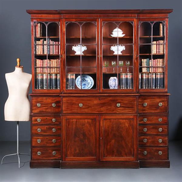 Grote foto engels georgian break front bibliotheekkast ca 1810 in mahonie met uittrekbaar bureau no.422405 antiek en kunst overige in antiek gebruiksvoorwerpen