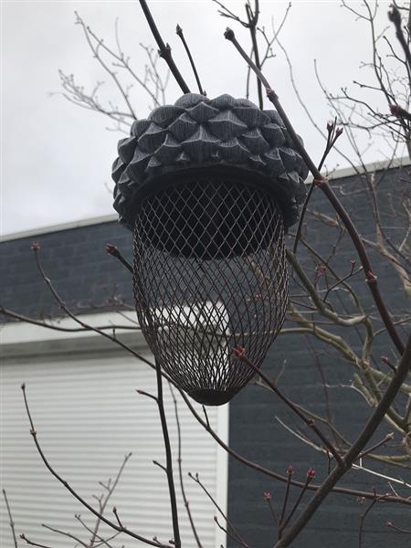 Grote foto vogelvoeder plek voederbak in de vorm van een eikel hele leuke tuin decoratie tuin en terras tuindecoratie