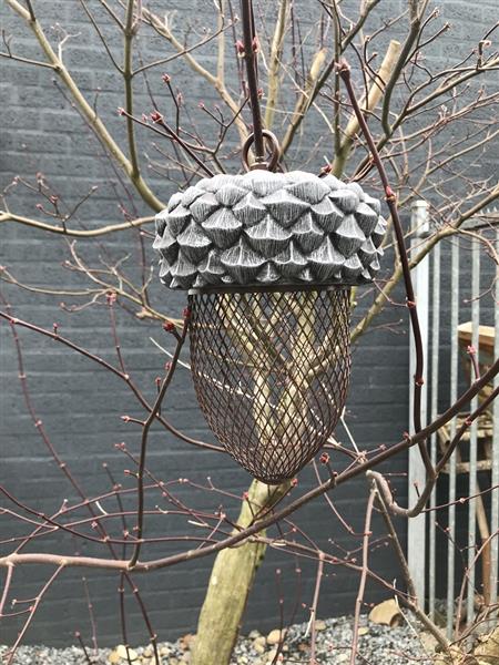 Grote foto vogelvoeder plek voederbak in de vorm van een eikel hele leuke tuin decoratie tuin en terras tuindecoratie