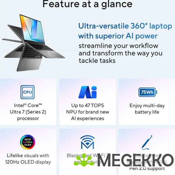Grote foto asus vivobook 16 flip tp3607sa si099w 16 copilot pc intel core ultra 7 computers en software overige computers en software