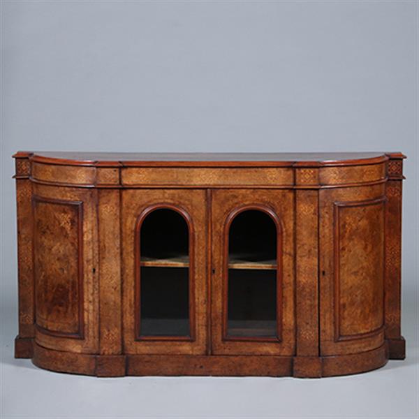 Grote foto blonde notenhouten credenza met kwartronde zijkasten ca 1850 fraaie ingelegde details no.431545 antiek en kunst stoelen en banken