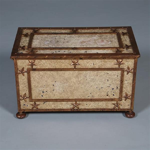 Grote foto antieke ijzeren beschilderde empire kist in prachtige oude kleur op bolpoten en met sterren ca 1810 antiek en kunst stoelen en banken