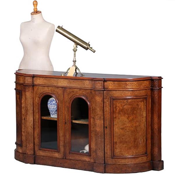 Grote foto blonde notenhouten credenza met kwartronde zijkasten ca 1850 fraaie ingelegde details no.431545 antiek en kunst stoelen en banken