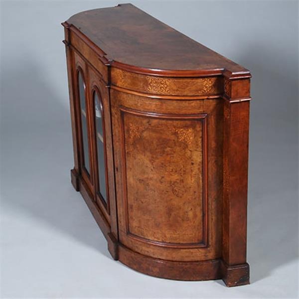 Grote foto blonde notenhouten credenza met kwartronde zijkasten ca 1850 fraaie ingelegde details no.431545 antiek en kunst stoelen en banken