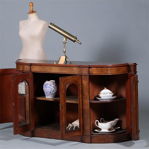 Grote foto blonde notenhouten credenza met kwartronde zijkasten ca 1850 fraaie ingelegde details no.431545 antiek en kunst stoelen en banken