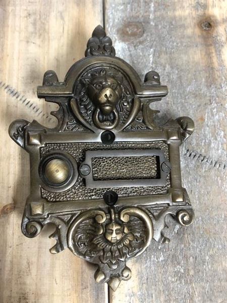 Grote foto deurbel met leeuw en zon art nouveau stijl gepatineerd messing doe het zelf en verbouw materialen en producten
