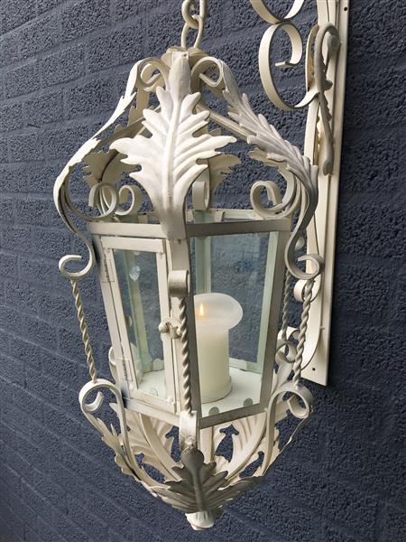 Grote foto lantaarn met muurbeugel gemaakt van smeedijzer old white patina echt geweldig fraai huis en inrichting overige