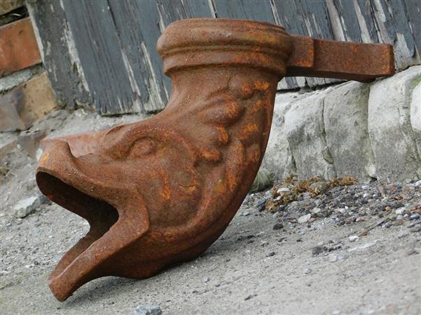 Grote foto regenpijp uitloop gietijzer visvormig waterspuwer als afvoer voor de dakgoot tuin en terras overige tuin en terras