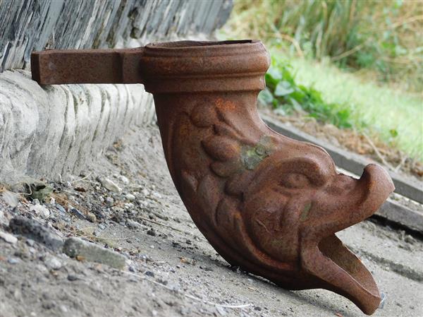 Grote foto regenpijp uitloop gietijzer visvormig waterspuwer als afvoer voor de dakgoot tuin en terras overige tuin en terras