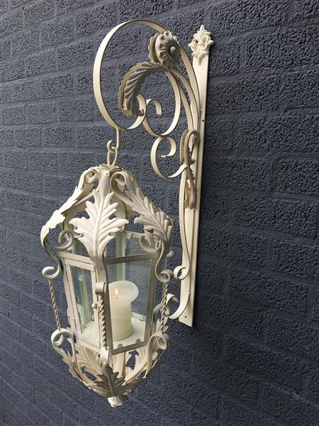 Grote foto lantaarn met muurbeugel gemaakt van smeedijzer old white patina echt geweldig fraai huis en inrichting overige