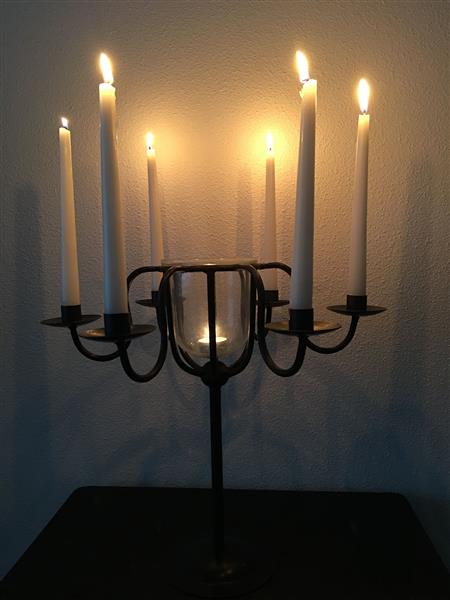 Grote foto kandelaar smeedijzer bruin zwart 6 armig met lichtglas prachtig huis en inrichting woningdecoratie