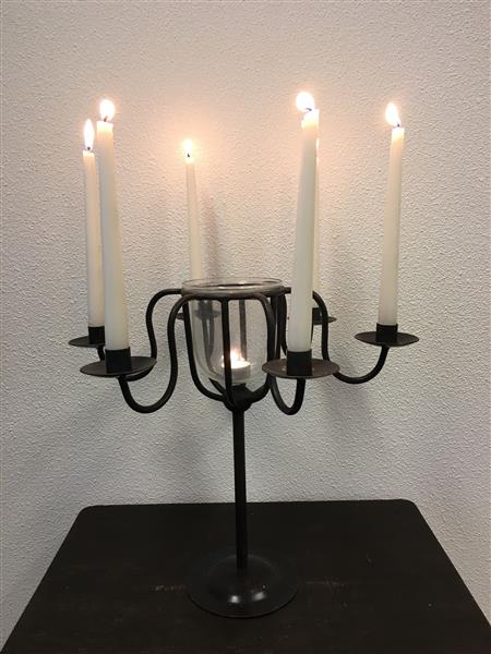 Grote foto kandelaar smeedijzer bruin zwart 6 armig met lichtglas prachtig huis en inrichting woningdecoratie
