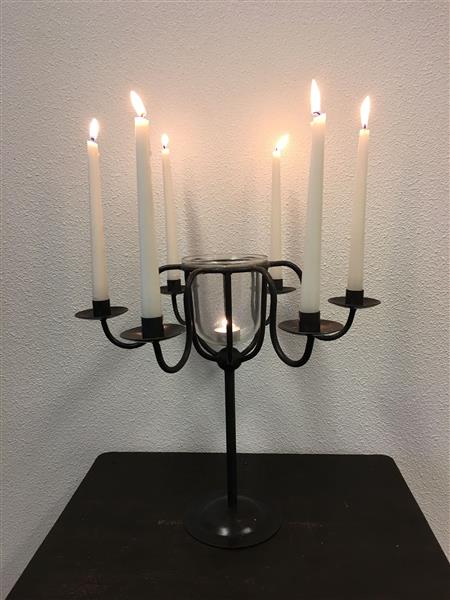 Grote foto kandelaar smeedijzer bruin zwart 6 armig met lichtglas prachtig huis en inrichting woningdecoratie