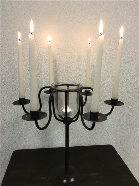 Grote foto kandelaar smeedijzer bruin zwart 6 armig met lichtglas prachtig huis en inrichting woningdecoratie