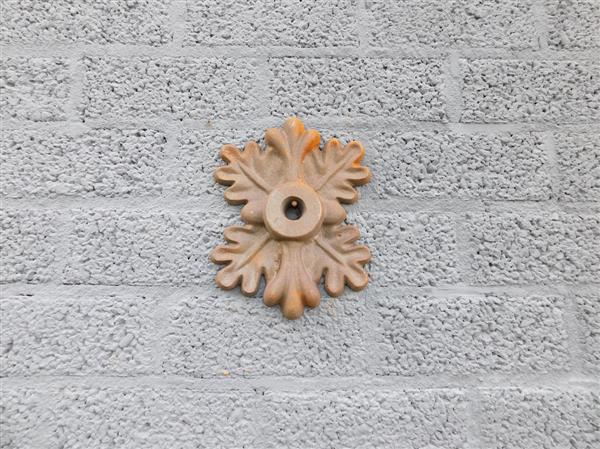 Grote foto muuranker gietijzer eikenbladvorm decoratief balkenanker en gevelornament tuin en terras tuindecoratie