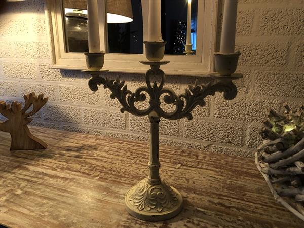 Grote foto kaarsenkandelaar 3 armige robuustegietijzer old white super mooi huis en inrichting woningdecoratie