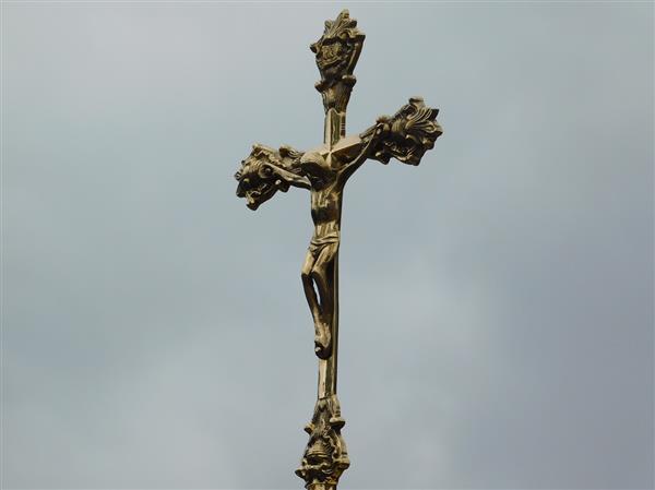 Grote foto jezus aan het kruis messing inri op voet. antiek en kunst kunst