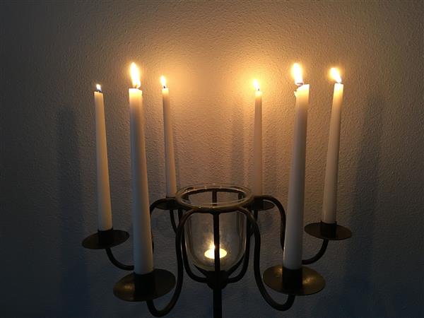 Grote foto kandelaar smeedijzer bruin zwart 6 armig met lichtglas prachtig huis en inrichting woningdecoratie