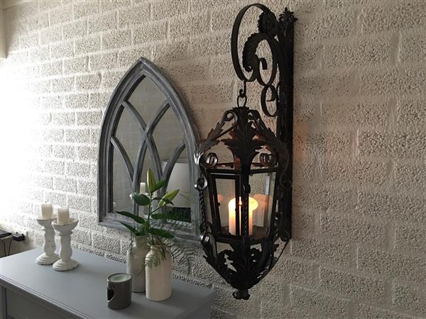 Grote foto lantaarn met muurbeugel gemaakt van smeedijzer bruin patina echt heel fraai huis en inrichting overige