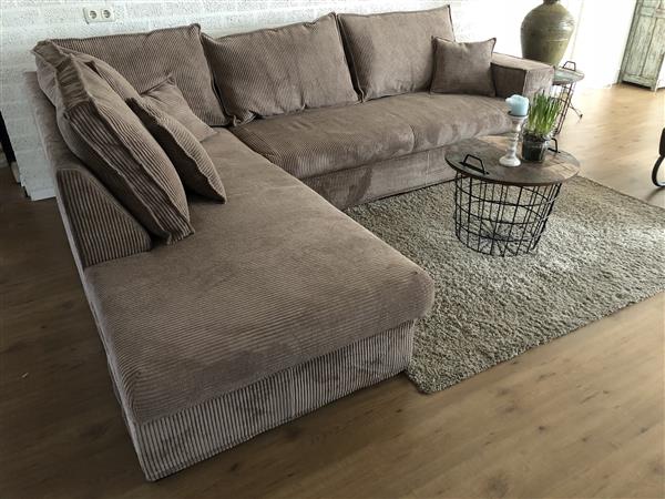 Grote foto prachtige forse nieuwe taupe rib stoffen hoekbank model huis en inrichting woningdecoratie