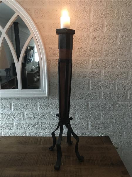 Grote foto kaarsenhouder kaarsenstandaard set gemaakt van smeedijzer en hout robuust huis en inrichting woningdecoratie
