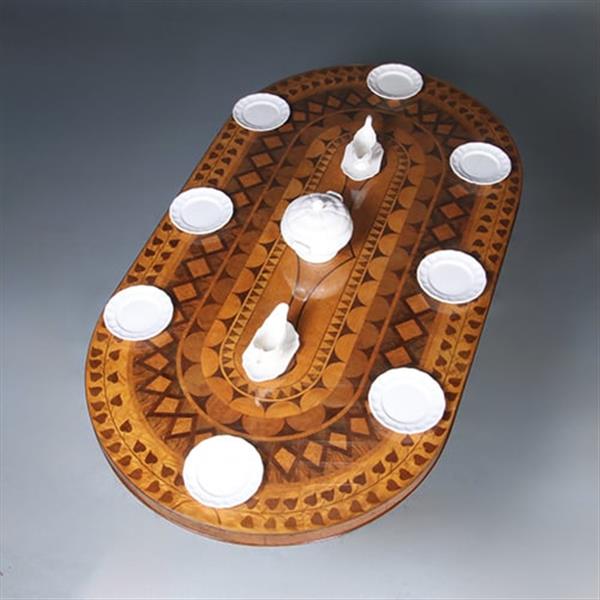 Grote foto art deco ovale eetkamertafel feestelijk ingelegd met geometrische patronen ca 1925 no.440540 antiek en kunst stoelen en banken