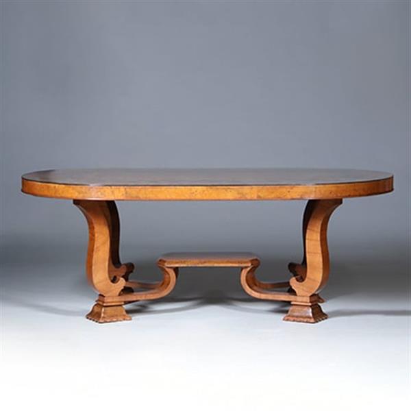 Grote foto art deco ovale eetkamertafel feestelijk ingelegd met geometrische patronen ca 1925 no.440540 antiek en kunst stoelen en banken