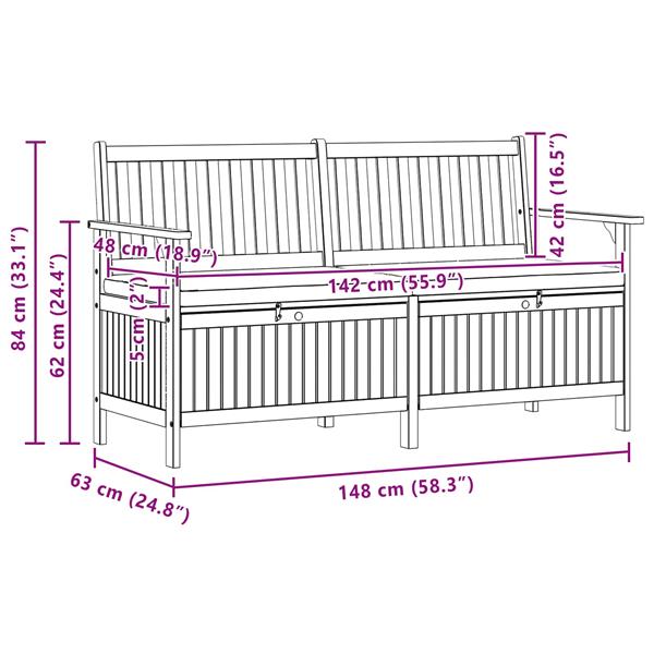 Grote foto vidaxl opslagbank 2 seater 148 x 63 x 84 cm massief acacia tuin en terras tuinmeubelen