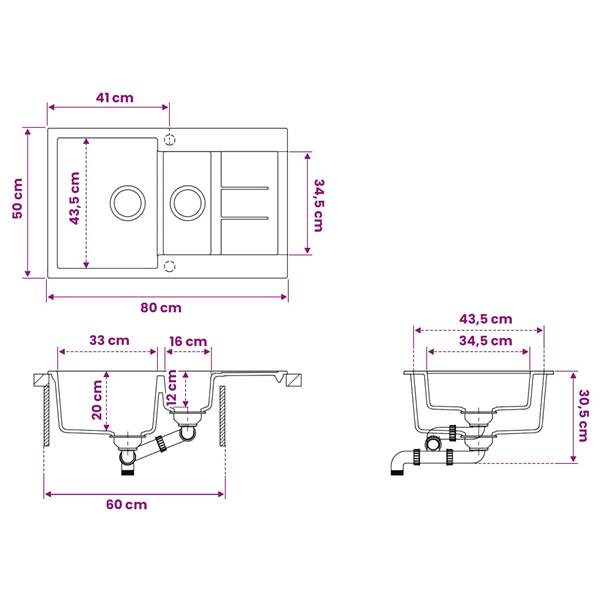 Grote foto vidaxl keukenspoelbak met dubbele bak graniet 80 x 50 x 30.5 cm huis en inrichting keukens