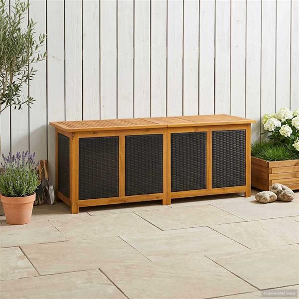 Grote foto vidaxl tuinopslagdoos 243 l massief acaciahout 150 x 50 x 56 cm zwart tuin en terras overige tuin en terras