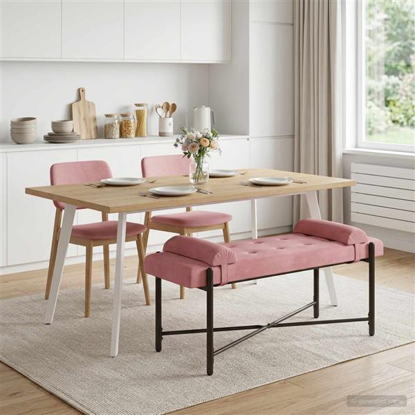Grote foto vidaxl knop gestept bankje met kussens roze 110 x 40 x 46 cm fluweel huis en inrichting overige huis en inrichting
