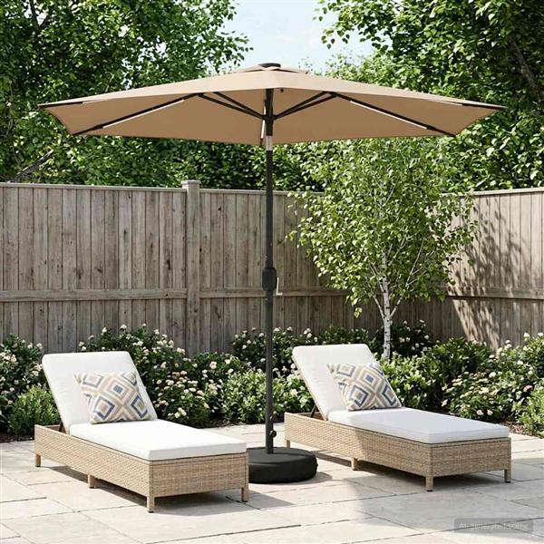 Grote foto vidaxl tuinparasol met led lampen en voet 270 x 270 cm polyester taupe tuin en terras overige tuin en terras