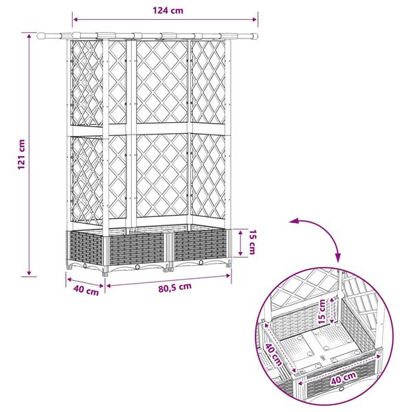 Grote foto vidaxl verhoogd bed met trellis en dak grijs 122 5 x 40 x 121 cm pp tuin en terras overige tuin en terras