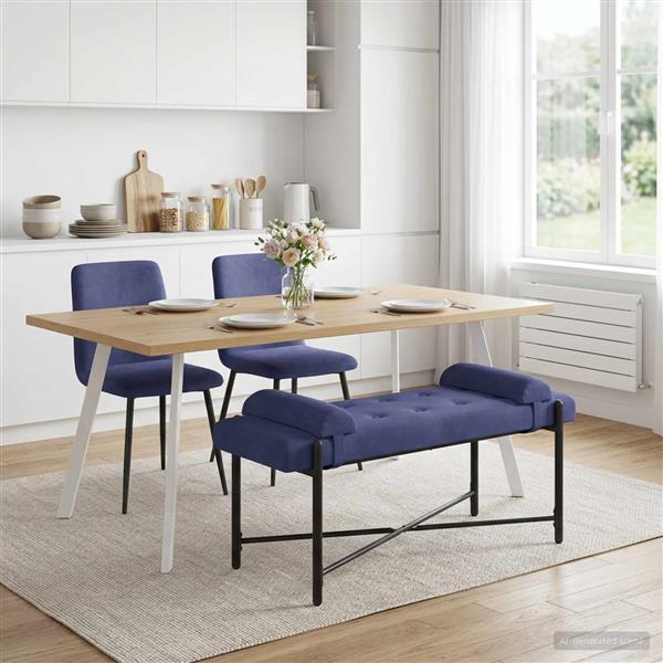 Grote foto vidaxl knop gestept bankje met kussens politieblauw 110 x 40 x 46 cm huis en inrichting overige huis en inrichting