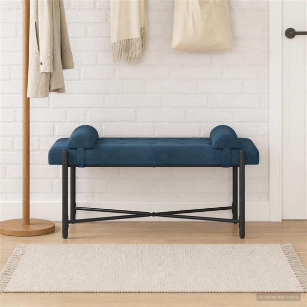 Grote foto vidaxl knop gestept bankje met kussens blauw 110 x 40 x 46 cm fluweel huis en inrichting overige huis en inrichting