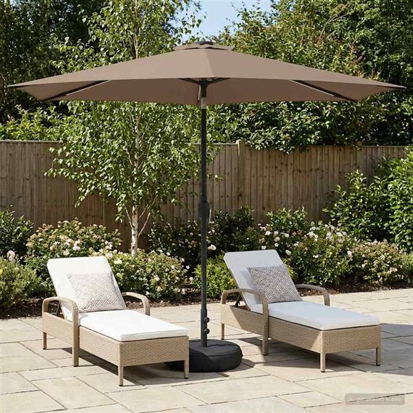 Grote foto vidaxl tuinparasol met led lampen en voet 300 x 300 cm polyester taupe tuin en terras overige tuin en terras