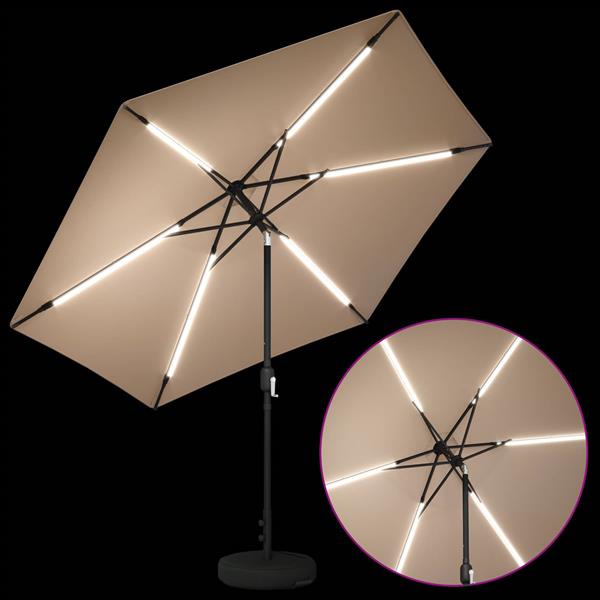 Grote foto vidaxl tuinparasol met led lampen en voet 300 x 300 cm polyester taupe tuin en terras overige tuin en terras