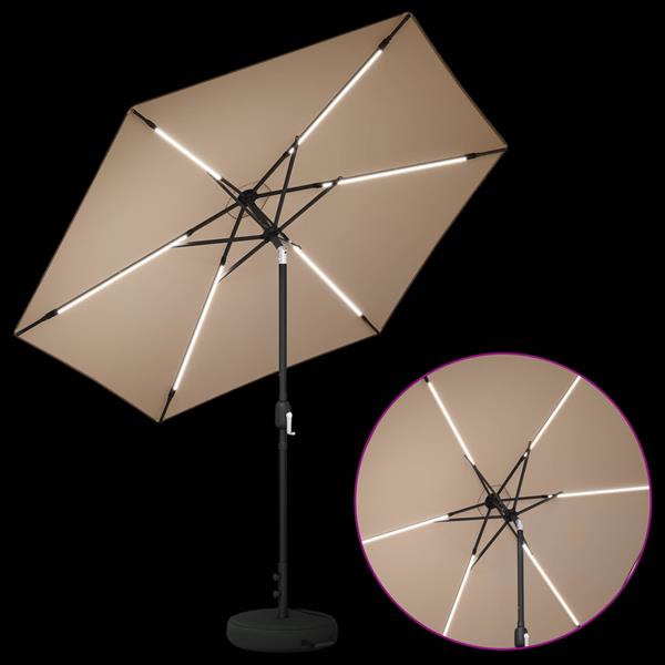 Grote foto vidaxl tuinparasol met led lampen en voet 270 x 270 cm polyester taupe tuin en terras overige tuin en terras