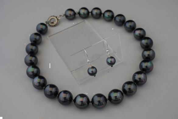 Grote foto zwart grijze shellpearls ketting oorhanger set sieraden tassen en uiterlijk kettingen